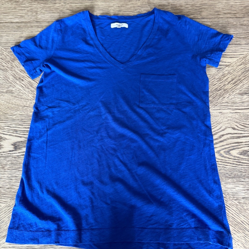 Madewell Womens V-Neck Pocket Tee Royal Blue Slub Cotton Short Sleeve XS 04346